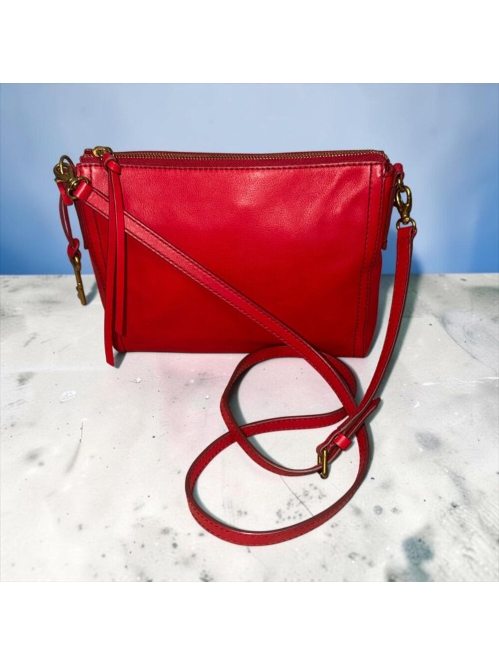 Fossil Emma East-West Crossbody ZB6842 Red Leather Gold Brass Convertible Bag